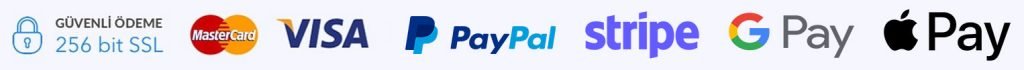 256 Bit SSL ile Güvenli Ödeme Yöntemleri - Mastercard, Visa, PayPal, Stripe, Google Pay ve Apple Pay