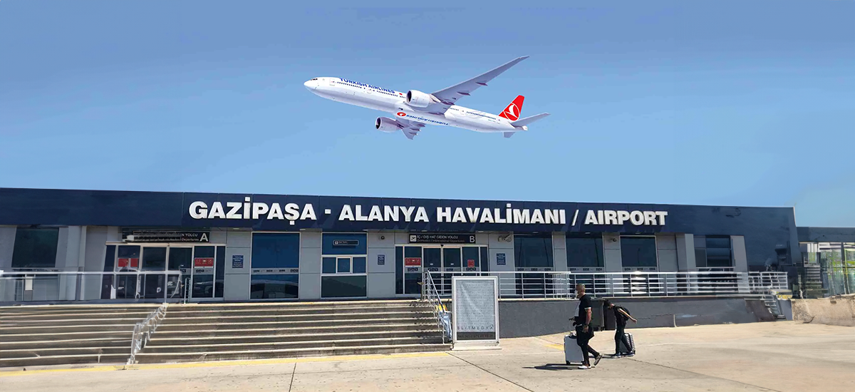 Gazipaşa-Alanya Havalimanı terminali ve havalanan Türk Hava Yolları uçağı; Antalya ve Gazipaşa havalimanlarından popüler transfer rotaları.