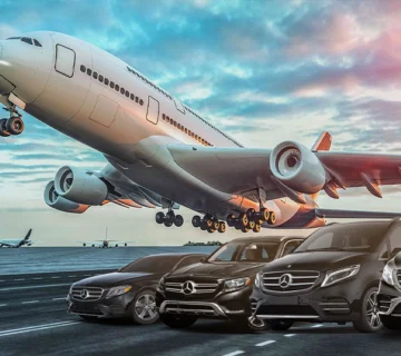 Havalimanı transfer hizmeti için kalkışa geçen uçak ve lüks VIP transfer araçları (Mercedes minibüs ve sedan)